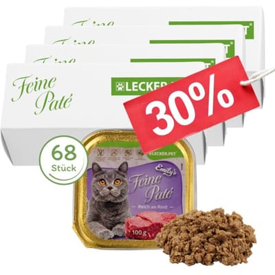 68 x 100 g Lecker.Pet® Emily's Feine Paté Rijk aan Rund Nat Kattenvoer Complete voeding