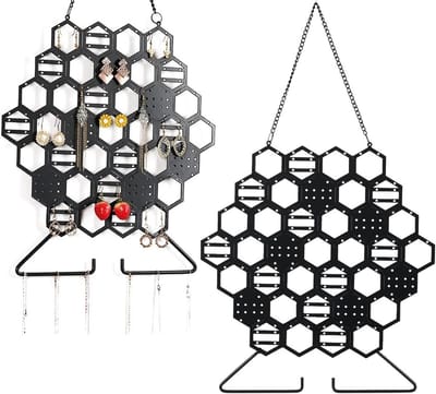 Hanging Jewelry Organizer voor Muurmontage - Hexagon Earring Display en Sieradenopslag met Haken, Ideaal voor Dames en Meisjes, Perfect voor Kettingen en Armbanden
