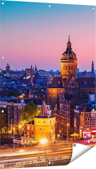 Gards Tuinposter Amsterdam Skyline bij Zonsondergang - 80x120 cm - Tuindoek - Tuindecoratie - Wanddecoratie buiten - Tuinschilderij