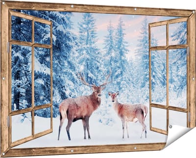 Gards Tuinposter Doorkijk Twee Herten in het Bos met Sneeuw - 150x100 cm - Tuindoek - Tuindecoratie - Wanddecoratie buiten - Tuinschilderij