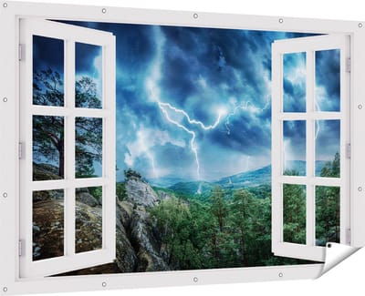 Gards Tuinposter Doorkijk Onweer in het Bos - Bliksem - 180x120 cm - Tuindoek - Tuindecoratie - Wanddecoratie buiten - Tuinschilderij