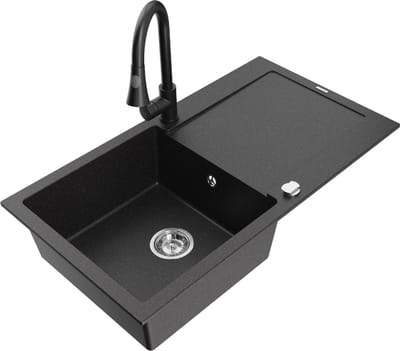 Mexen Leo granieten spoelbak 1-kompartiment met afdruiprek en keukenmengkraan Elia, zwart/zilver metallic - 6501-73-670101-70