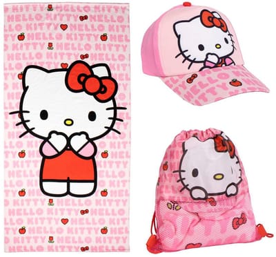 Hello Kitty strandlaken set meisjes – strandhanddoek katoen met pet en zwemtas