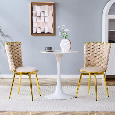 MODFU - Eetkamerstoelen Set Van 2 - Gevlochten Rugleuning - Moderne Stijl - Voor Eetkamer En Woonkamer - Fluweel - Beige