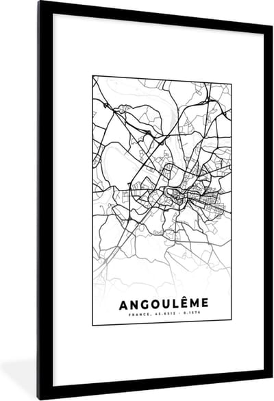 Fotolijst incl. Poster Zwart Wit- Plattegrond – Kaart – Angoulême - Frankrijk – Stadskaart - Zwart wit - 80x120 cm - Posterlijst