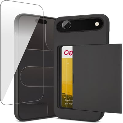 Hoesje met Pasjeshouder geschikt voor iPhone 17 Air - Screenprotector GlassGuard & Camera Lens Screen Protector Zwart - Back Cover SlideCase Zwart