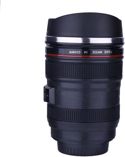 Koffiemok in de vorm van een camera lens, roestvrijstalen reisbeker, lekvrije drinkbeker met deksel en lepel voor koffie en thee