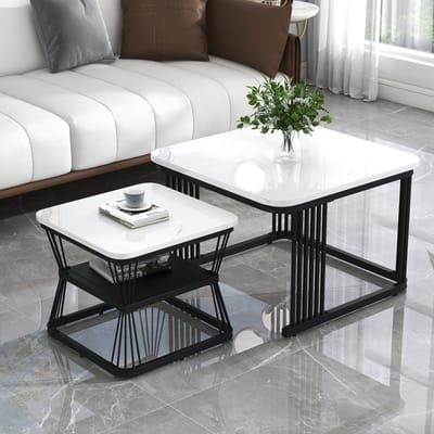 Salontafel Set - 2 Stuks - Marmer MDF - Staal Wit Hoogglans Zwart - 65x65x45 cm & 45x45x39.5 cm
