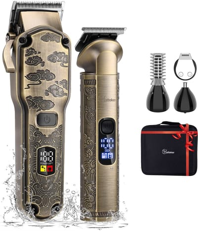 HATTEKER Tondeuse en 4-in-1 Trimmer Set – Haar- en Baardtrimmer, Precisietrimmer, Neushaartrimmer, Lichaamshaartrimmer – Opbergcase – Cadeau voor Mannen – Bronzen