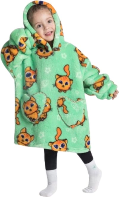 Katjes fleece hoodie deken met mouwen - fleece poncho voor kinderen – fleece plaid met mouwen - hoodie blanket - maat 98/128 – lengte 60 cm – warm & zacht – relax outfit kids – groen - Badrock