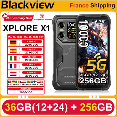 Robuuste Smartphone Blackview XPLORE X1 [Zonder EU-Oplader], 5G, 6.78" 2.4K 120Hz Scherm, Android 15, 36 GB RAM (12+24) + 256 GB ROM, Dimensity 7050, 10000 mAh batterij, 55W opladen, 108 MP + 50 MP