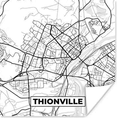 Poster Stadskaart - Thionville - Frankrijk - Kaart - Plattegrond - Zwart wit - 100x100 cm XXL
