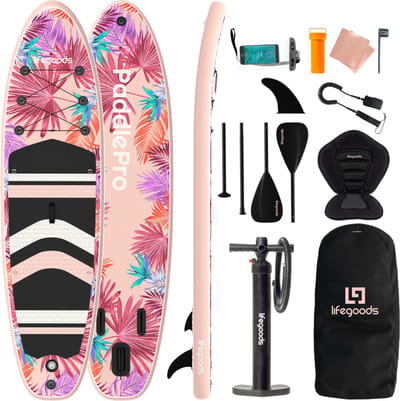 LifeGoods PaddlePro SUP Board - met Zitje - Opblaasbaar Paddle Board - Complete Set - Max. 150KG - 320x81cm - Tropical Roze
