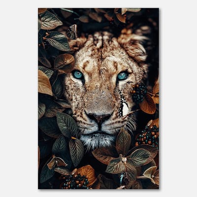 Poster op papier - 40 x 60 cm - Leeuwin tussen bladeren met intense blik - PosterJunkie