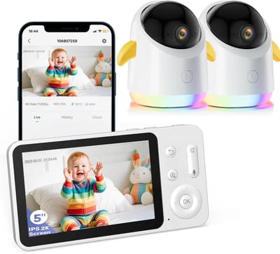 2K Babyfoon - Babyfoon met 2 Camera's - Op afstand bestuurbaar - 5 inch Scherm - Babyfoon Houder - Nachtlampje - Baby Monitor - 355° Horizontale en 120° Verticale