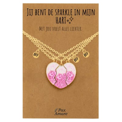BFF Ketting voor 3 'Jij bent de sparkle in mijn hart' - Magnetisch Glitter Hartje Roze - Vriendschapsketting op Cadeau Kaartje - 45cm + 5cm verstelbaar - Goudkleurig - Best Friends Hanger - Pax Amare
