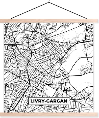 Posterhanger incl. Poster 40x40 cm - Schoolplaat - Frankrijk - Livry-Gargan - Kaart - Plattegrond - Stadskaart - Zwart wit - Textielposter - Blanke latten - Stadskaart