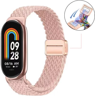 Stravo Elastisch Gevlochten Nylon Bandje met Magnetische Sluiting – Traploos Verstelbaar – Geschikt voor Xiaomi Smart Band 10 (Xiaomi Mi Band 10) / Xiaomi Smart Band 9 (Xiaomi Mi Band 9) / Xiaomi Smart Band 8 (Xiaomi Mi Band 8) – Roze