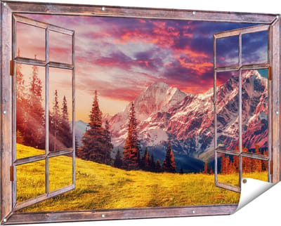 Gards Tuinposter Doorkijk Alpen Landschap met een Kleurrijke Hemel - 150x100 cm - Tuindoek - Tuindecoratie - Wanddecoratie buiten - Tuinschilderij