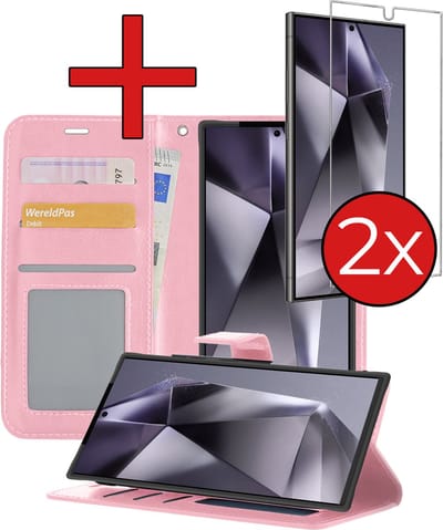 Hoesje - Met 2x Screenprotector - Geschikt voor Samsung Galaxy S24 Ultra - Luxe Pasjeshouder - Flip Case - Bookcase Portemonee - Kunstleer Book Case - Flipcase Hoes - Book Cover - Walletcase - Portemonneehoes - Telefoonhoes - Lichtroze