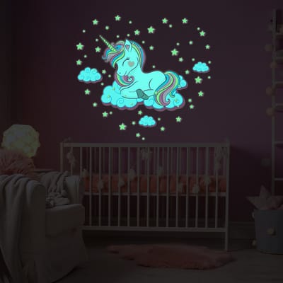 Lichtgevende sticker - EENHOORN IN DE WOLKEN - Fluorescerende muur-/plafondsticker voor kinderen - 120x140cm