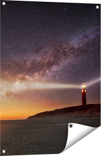 Gards Tuinposter Vuurtoren Texel in de Nacht - 60x80 cm - Tuindoek - Tuindecoratie - Wanddecoratie buiten - Tuinschilderij