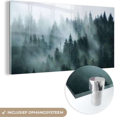 MuchoWow® Glasschilderij 40x20 cm - Schilderij acrylglas - Mist - Bomen - Bos - Foto op glas - Schilderijen