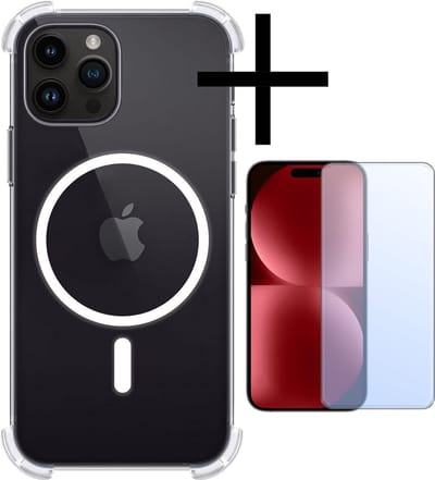 Hoesje - Met Screenprotector - Geschikt voor Apple iPhone 15 Pro - Magsafe Compatible - Sterk & Shockproof - Back Cover - Shock Proof Case - Telefoon Hoes - Transparant