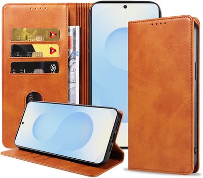 Smartphonica Telefoonhoesje Geschikt voor Samsung Galaxy S25 Kunstleer met Magnetische sluiting en Pasjeshouder Bookcase met Klepje - Bruin geschikt voor Samsung Galaxy S25