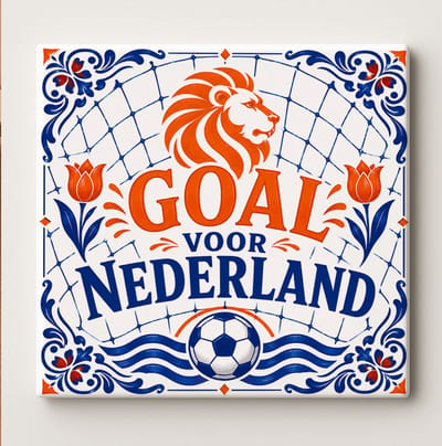Nederland Voetbal Decoratieve Keramische Tegel – Goal voor Nederland Leeuw Design – Blauw Oranje Dutch Soccer Wanddecoratie Tegel – Vaderlands Woondecoratie Cadeau