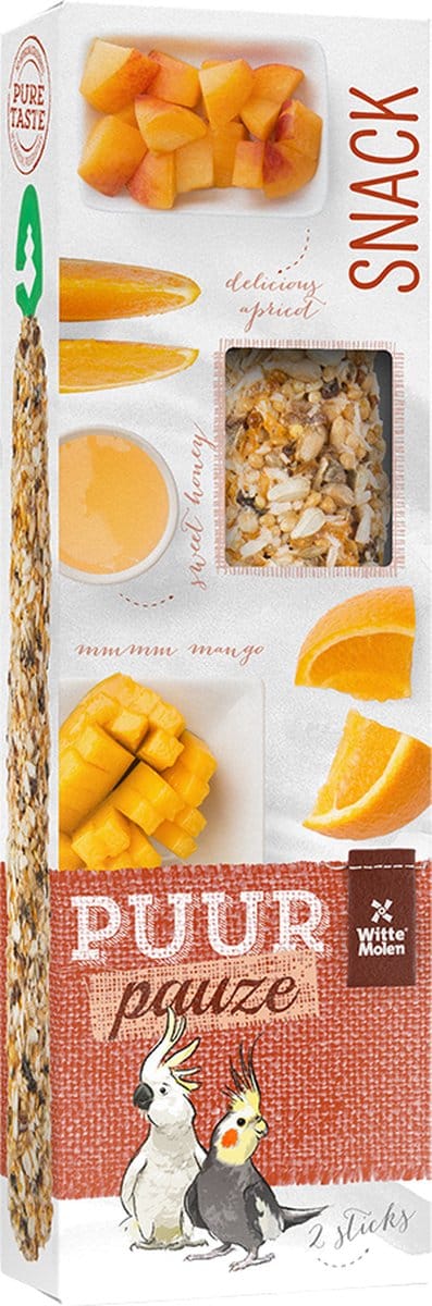 Witte Molen - Vogelsnack - Vogel - Puur Pauze Sticks Gr Parkiet Abrikoos & Mango 140gr - Tray - 2st