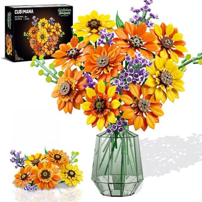 CUBIMANA - Zonnebloem Boeket Bouwpakket - 1011 Delen - Met LED Verlichting