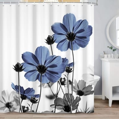 Flower Shower Curtain 180 x 180 cm Watercolour Blue Grey Daisy Rustic Farmhouse Waterproof Bath Curtain Polyester Textile Washable Shower Curtains for Bath with 12 Hooks