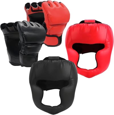 Boks beschermingsset - Handschoenen en hoofdbescherming - Vechttraining - Complete set - Volwassen maat - Zwart/Rood