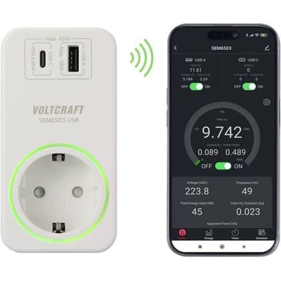 VOLTCRAFT SEM6503 Energiekostenmeter USB-interface, USB-meting (laadvermogen), Incl. radiografische stekkerdoos, Gegevensexport, Datalogger,