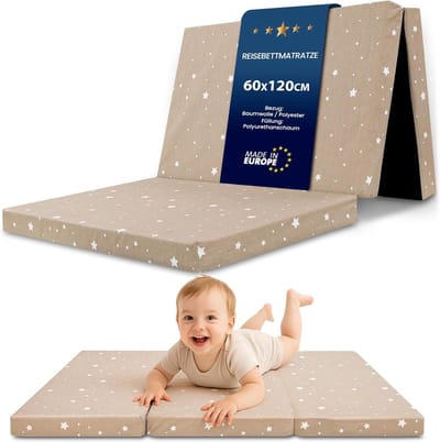 Opvouwbare Matras Baby - Reisbed Klapmatras - Kind Kamperen Reizen - Afneembare Wasbare Hoes - 60x120x5 cm - Beige
