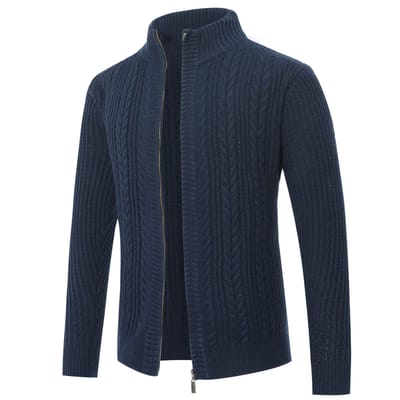 Heren Vest met Rits Vest Grof Gebreid met Opstaande Kraag Blauw