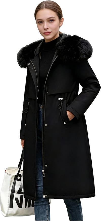 Stijlvolle Jas met Imitatie Bontkraag - Dames - Zwart - Lange Jas - Herfst Winter