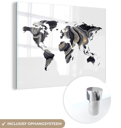 ® Glasschilderij 160x120 cm - Schilderij acrylglas - Wereldkaart - Goud - Lijn - Foto op glas - Muurdecoratie woonkamer - Wanddecoratie slaapkamer - Schilderijen