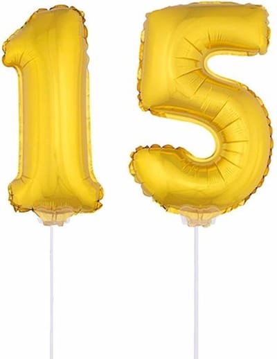 15 jaar leeftijd feestartikelen - versiering cijfers - ballonnen op stokje - van 41 cm - Combi van cijfer 15 - in het goud