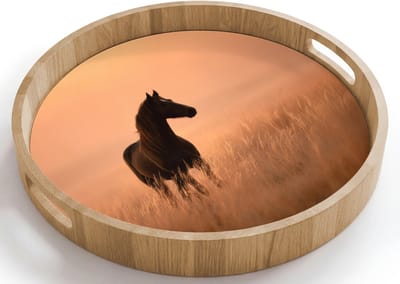 Dienblad rond 40x40 cm - Schootdienblad hout - Paard - Grasveld - Zonsondergang - Borrelplank rechthoek - Plateau houten dienbladen
