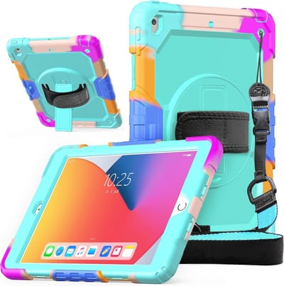 Dasaja case / hoes geschikt voor iPad 10.2 (2019 & 2020 & 2021) met screenprotector, handriem en schouderriem voor kinderen en scholen - Kleurrijk Oceaan Blauw