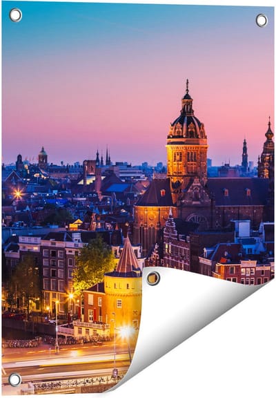 Gards Tuinposter Amsterdam Skyline bij Zonsondergang - 40x50 cm - Tuindoek - Tuindecoratie - Wanddecoratie buiten - Tuinschilderij