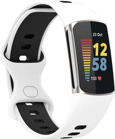 By Qubix - Compatible Fitbit bandje - Geschikt voor Fitbit Charge 5 - Fitbit Charge 6 Sportbandje met dubbele lus - Wit / zwart - Tweekleurig - Maat: L - Horlogeband - smartwatchbandje