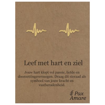 Stainless Steel Levenslijn Oorbellen op Cadeau Kaartje - Leef met hart en ziel - ± 10x10mm Oorknopjes Goudkleurig Roestvrij Staal - Pax Amare