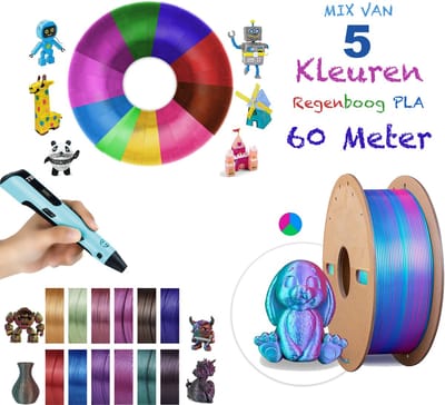 3D pen vullingen - Tri Color Glanzend PLA Filament - 5 Regenboog kleuren Vulling - 60 meter - 1,75mm - 3 kleuren in één vulling - Navulling 3D Pen Hervulling biologisch afbreekbaar PLA - Universeel Geschikt voor alle 3D pennen