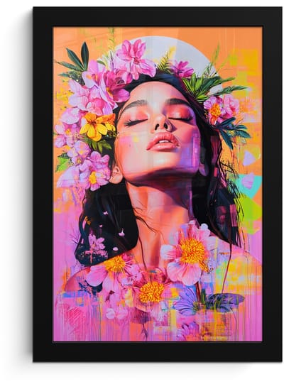 Poster in lijst - Fotolijst 20x30 cm - Posters - Portret - Bloemenkroon - Vrouw - Posterlijst zwart - Decoratie - Wanddecoratie woonkamer - Muurdecoratie slaapkamer