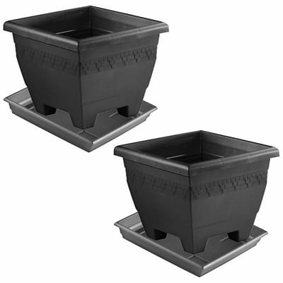 Hega Hogar Plantenbakken - 2x - antraciet kunststof - vierkant - met onderschaal - 40 x 40 x 31.5 cm