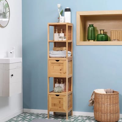 Pugsdrly kleankin badkamermeubel 3 planken 2 lades bamboe 30 cm x 30 cm x 140 cm naturel