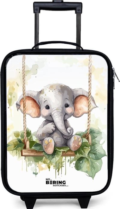 NoBoringSuitcases.com® - Kinderkoffer jongen - Kindertrolley meisje - Jong olifantje op een schommel waterverf tekening - Koffer kind lichtgewicht - Reiskoffer trolley voor kinderen - Koffertje met lichtgevende wieltjes - Rolkoffer zwart